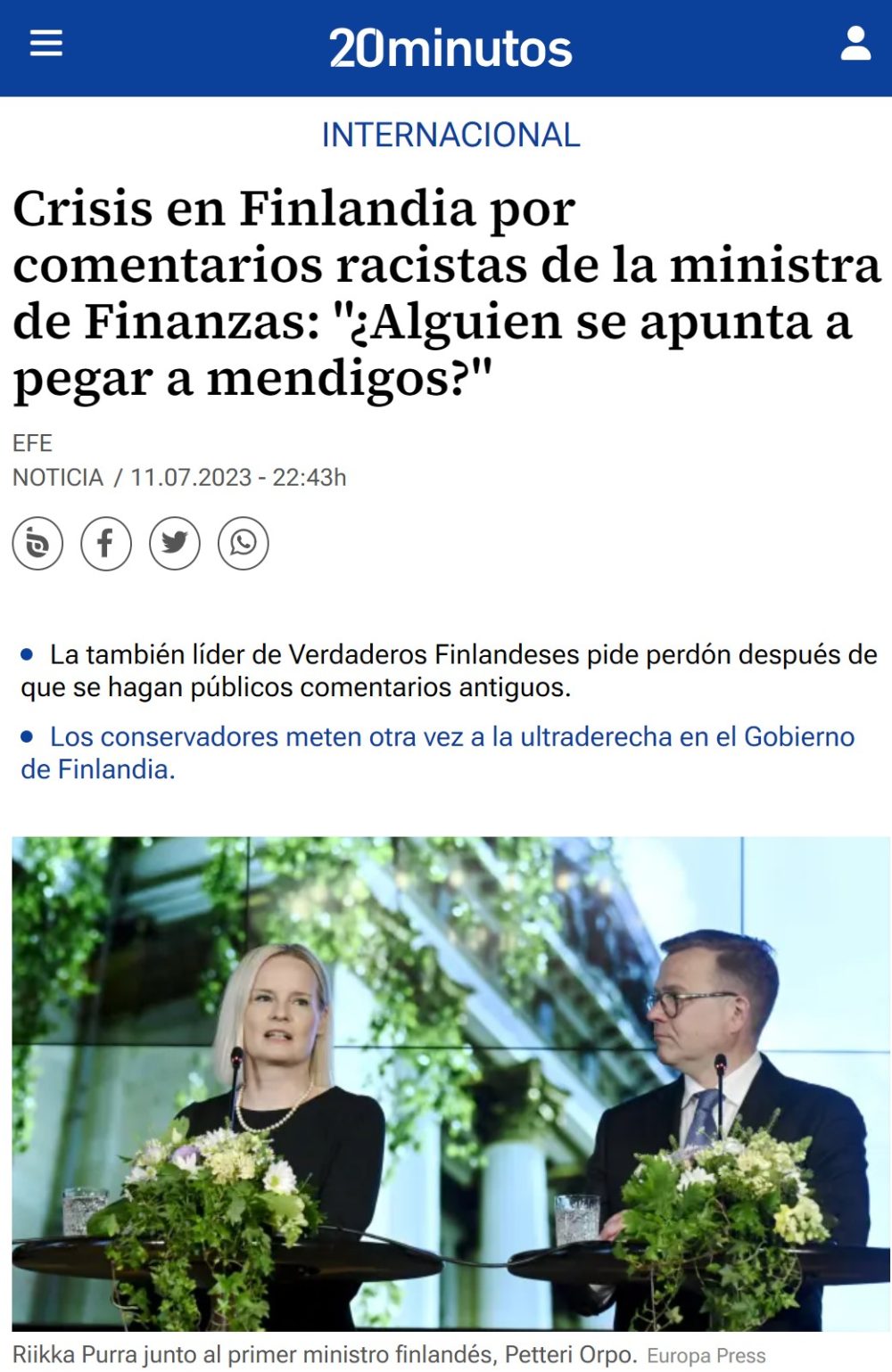 Crisis en Finlandia por comentarios racistas de la ministra de Finanzas: "¿Alguien se apunta a pegar a mendigos?"