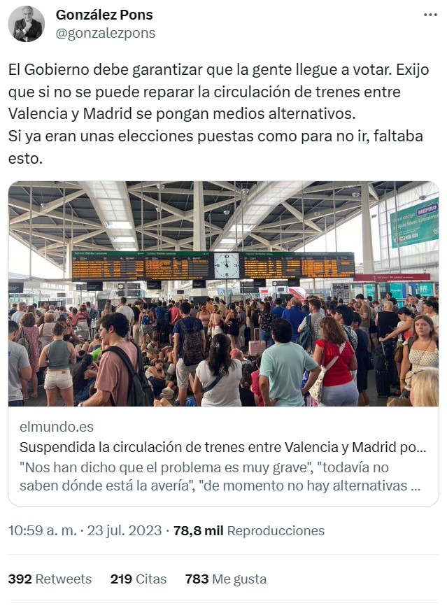 Suspendida la circulación de trenes entre Valencia y Madrid en plenas elecciones generales.