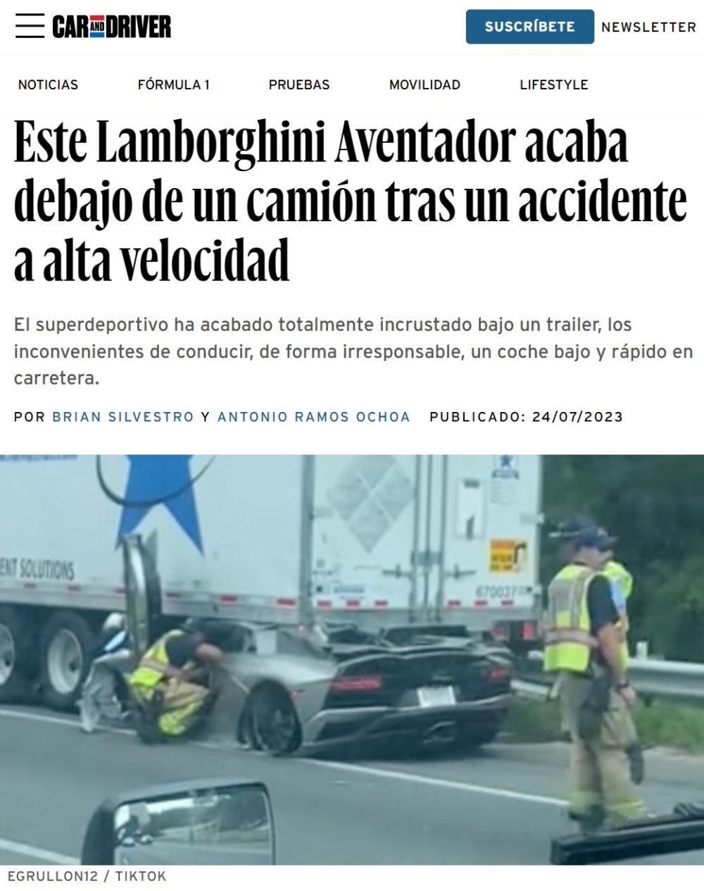 Un Lamborghini Aventador se empotra contra los bajos de un camión en Georgia