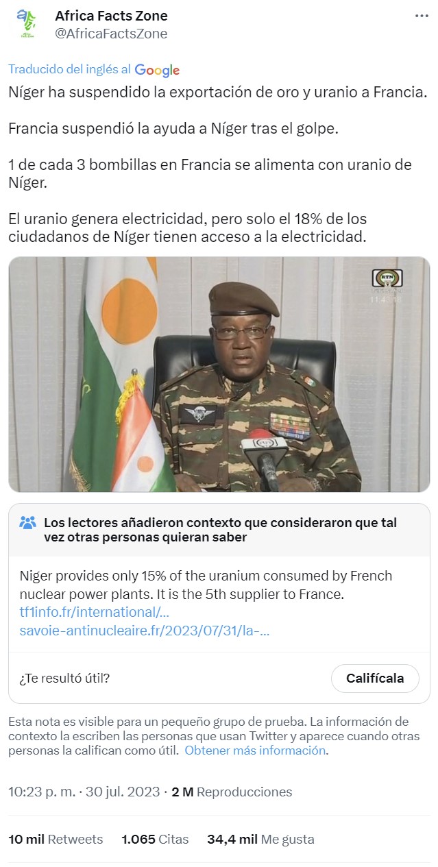 Níger suspende la exportación de oro y uranio a Francia