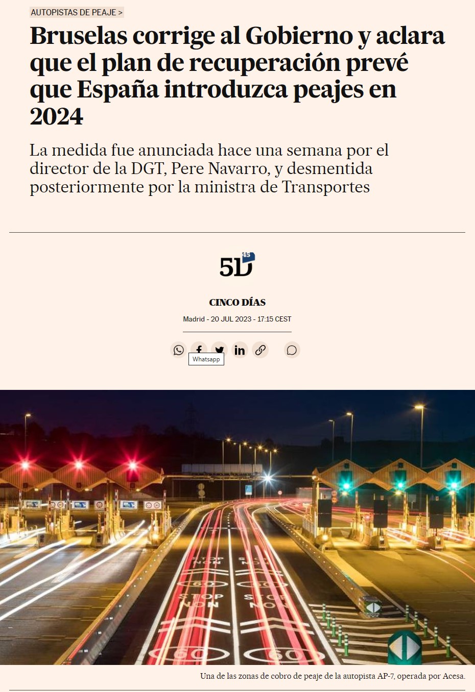 Peajes en las autovías: 2 versiones, 6 días de diferencia.