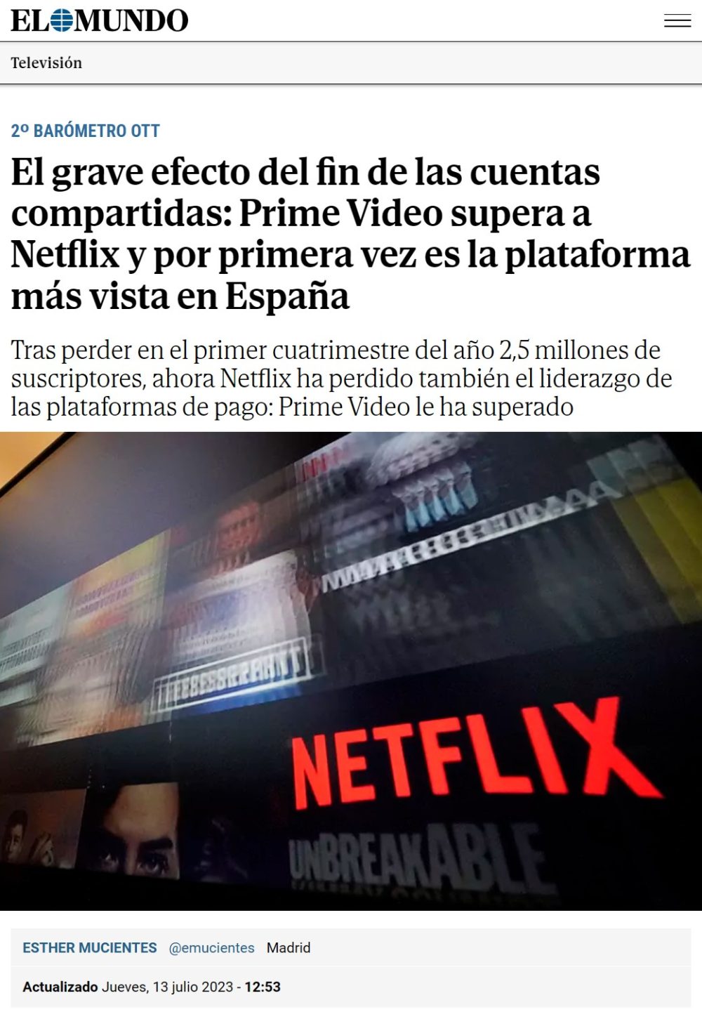 Prime Video supera a Netflix tras su decisión de impedir compartir cuentas