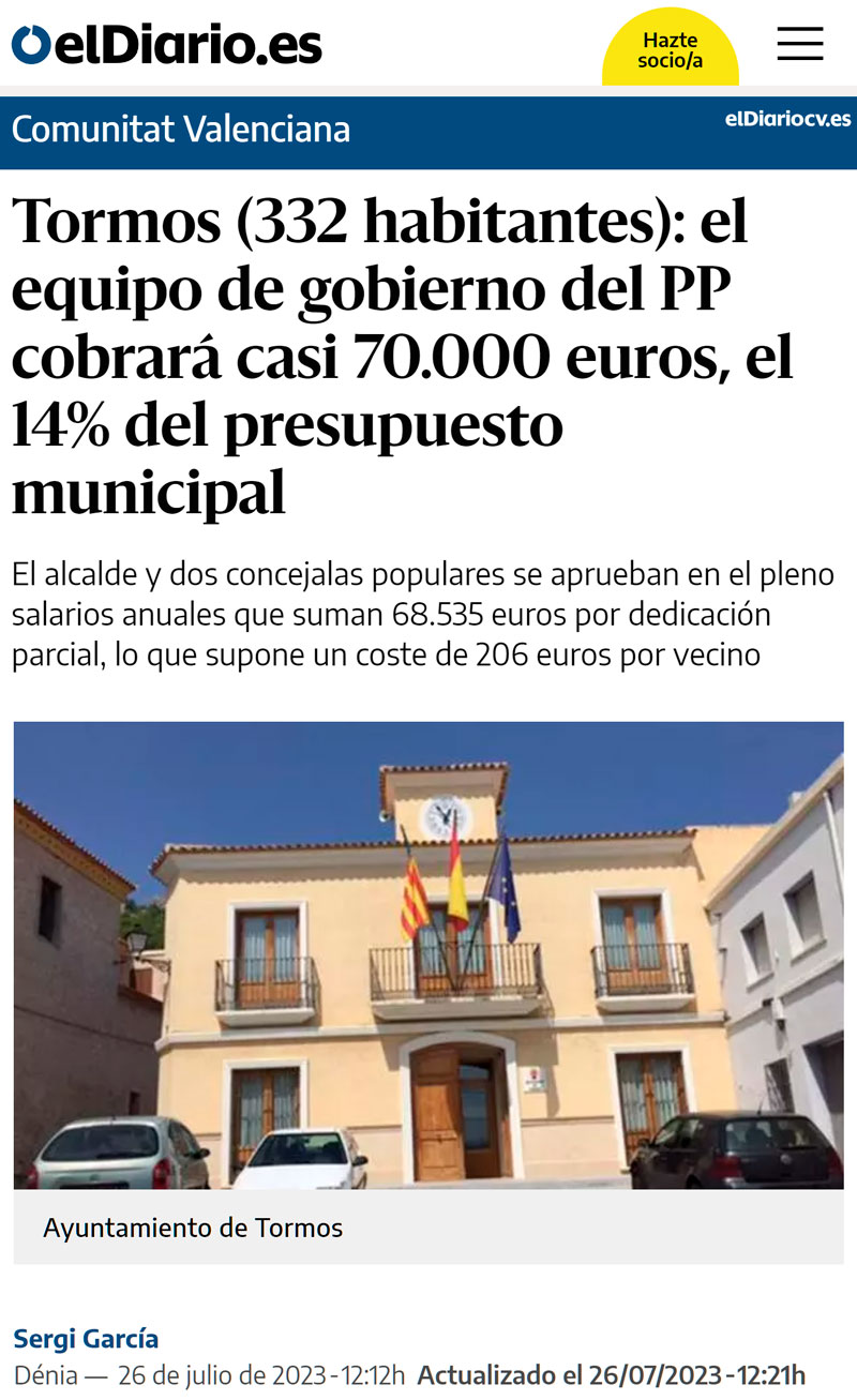 Un pueblo de 332 habitantes se gastará 206 euros por vecino para pagar al nuevo equipo de gobierno del PP