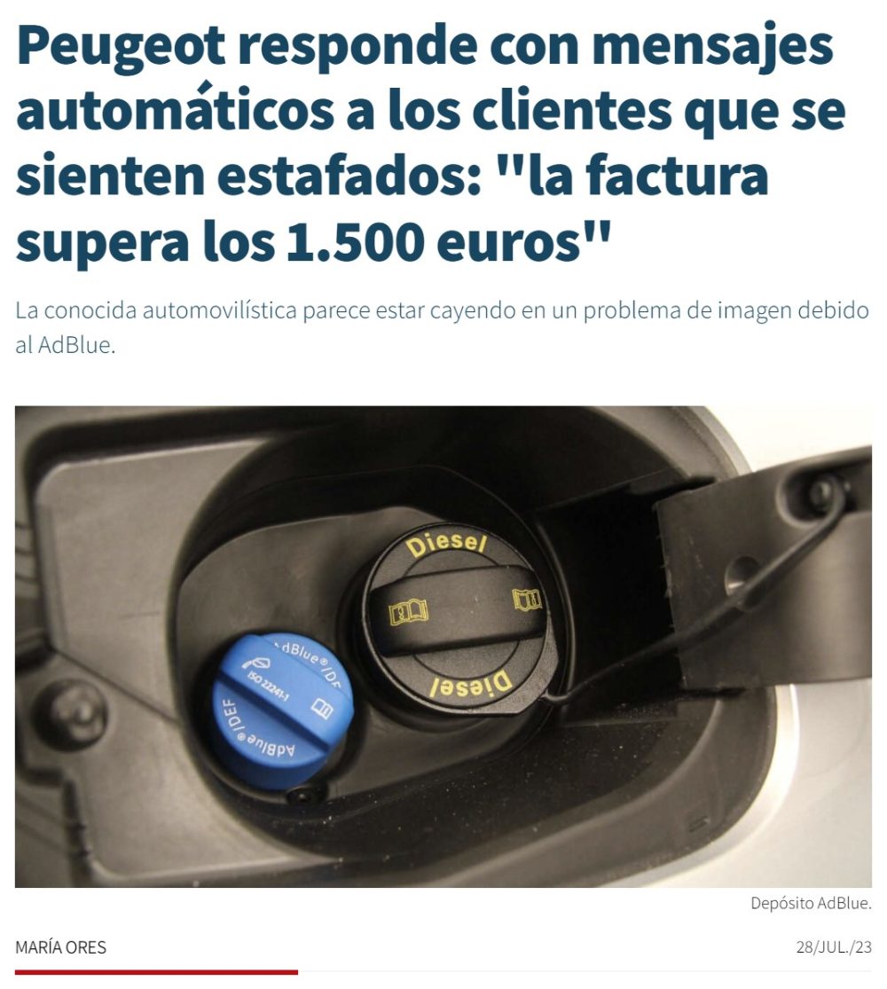 Peugeot está teniendo miles de averías con el sistema de Adblue y los clientes se ven obligados a pagar más de 1500 euros