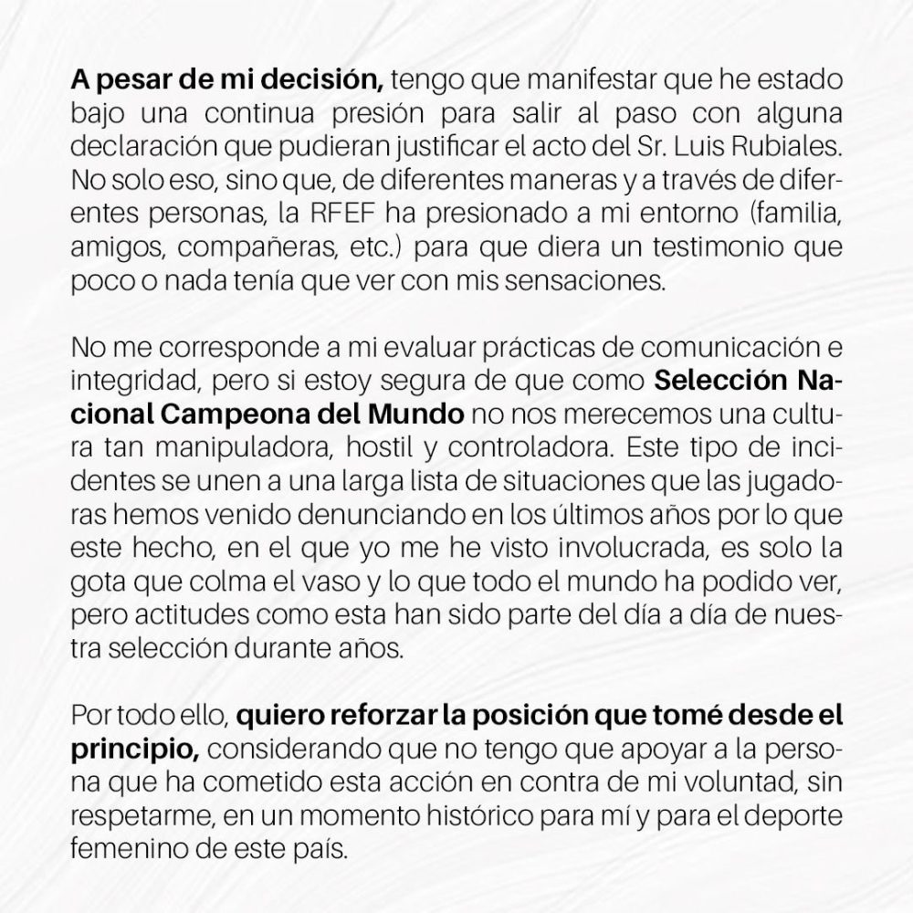 Comunicado oficial de Jenni Hermoso: Desmiente a Rubiales.