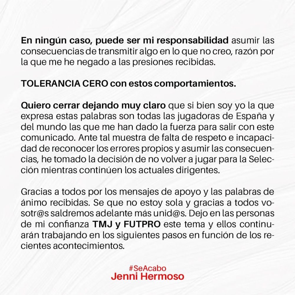 Comunicado oficial de Jenni Hermoso: Desmiente a Rubiales.