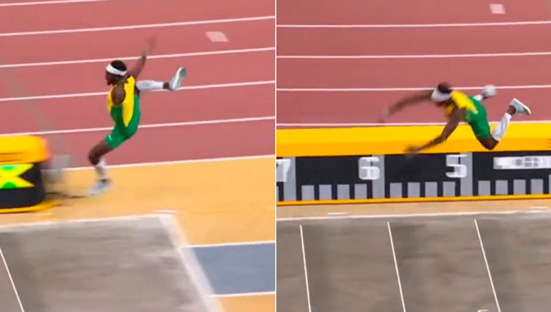 El representante de Jamaica en salto de longitud, McLeod, emula a Superman en Budapest 2023