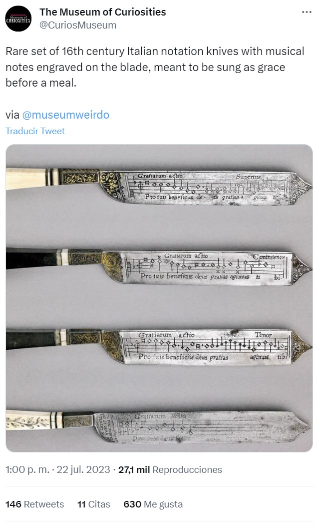 Juego raro de cuchillos italianos del siglo XVI con notas musicales grabadas en la hoja, destinados a ser cantados como agradecimiento antes de una comida.