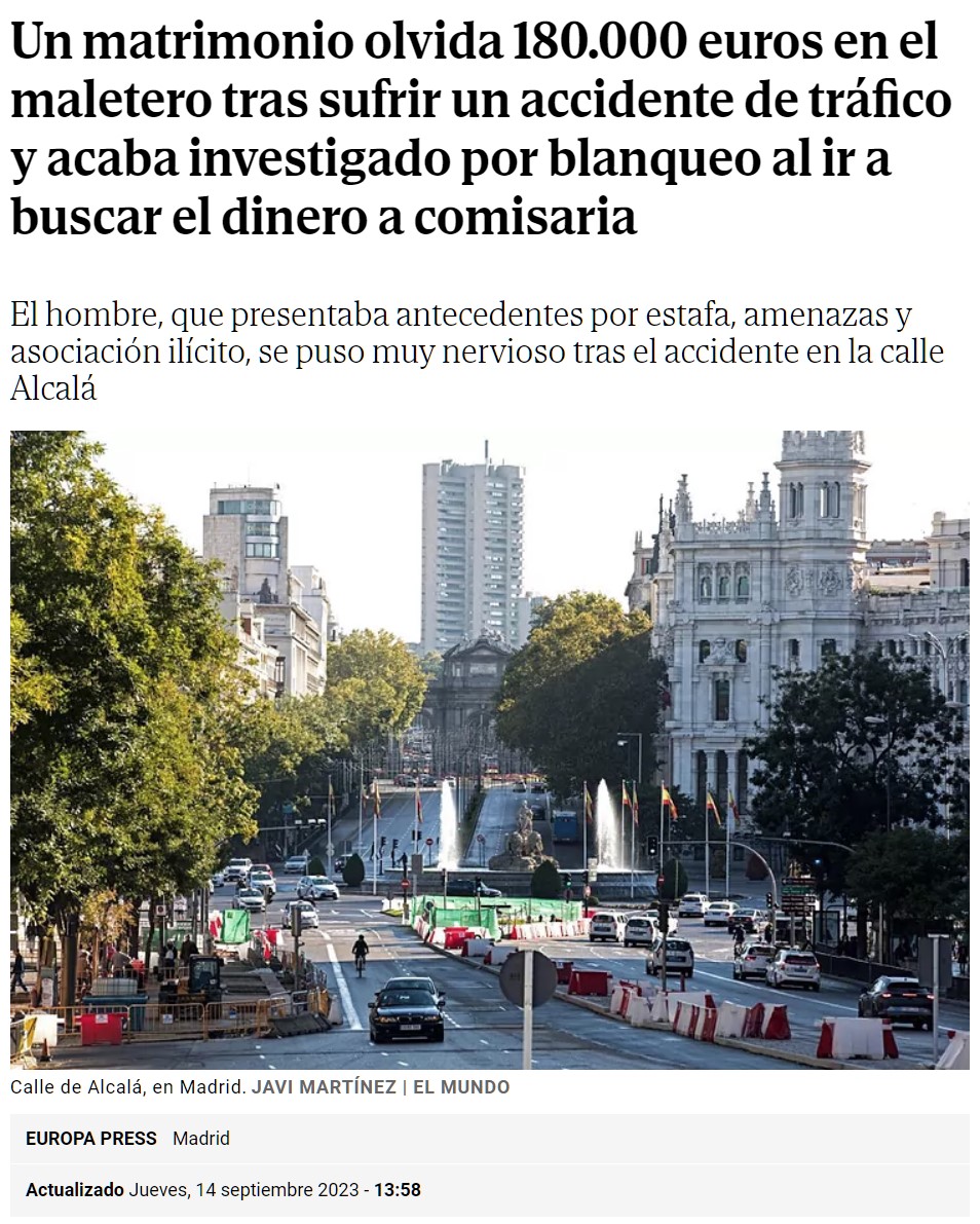 Liada máxima: olvida 180.000 euros en el maletero tras sufrir un accidente y acaba investigado por blanqueo