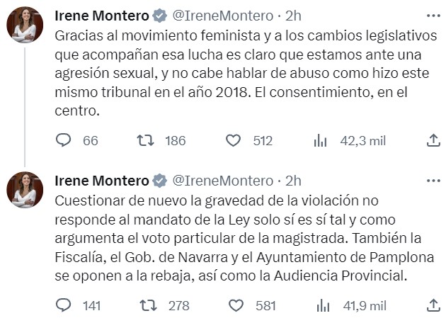 Irene montero reacciona a la rebaja de pena de uno de los miembros de La Manada por la ley del Solo Sí es Sí.
