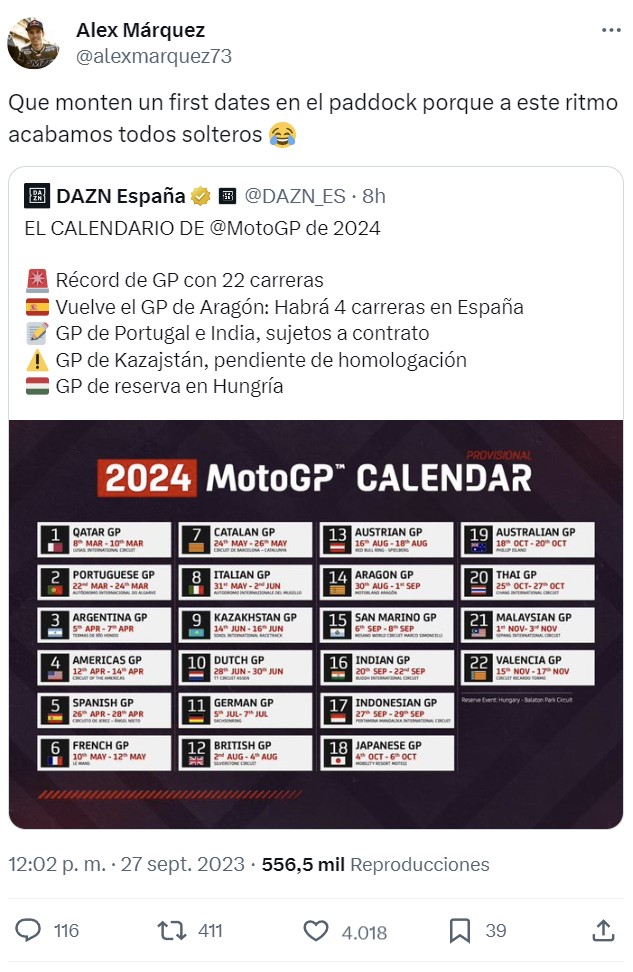 Álex Márquez, hermano de Marc Márquez, sugiere que abran un 'First Dates' porque el calendario de 2024 es tan largo que se van a quedar todos solteros.