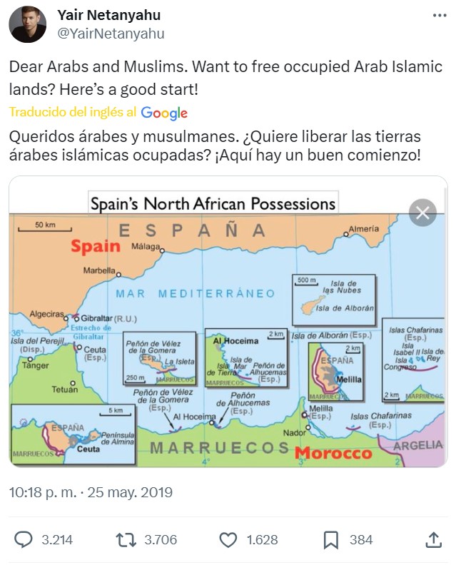 Un tuit del hijo de Netanyahu de hace 4 años, por si alguien quiere ir poniendo sus barbas a remojar...