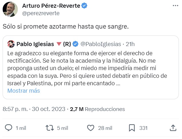 Pablo Iglesias difama a Pérez Reverte, la comunidad de Twitter le corrige, Reverte le mete un zasca y a Pablo aun le quedan fuerzas para hacer más el ridículo.