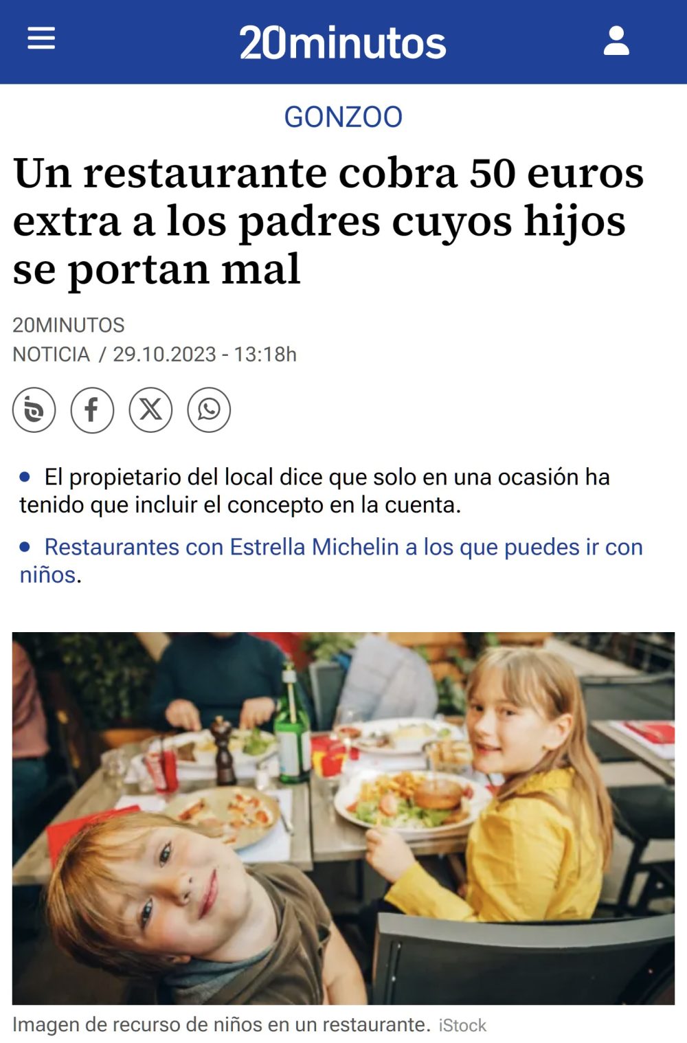 Un restaurante cobra 50 euros extra a los padres de niños que se porten mal