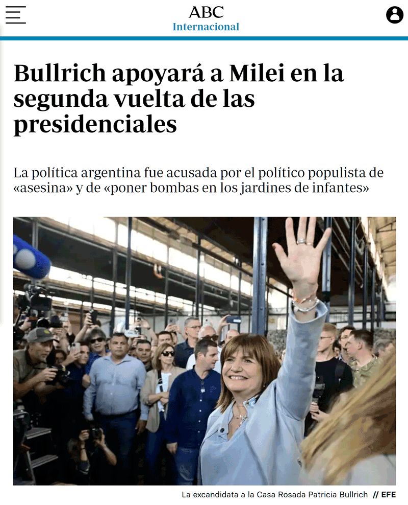 Bullrich apoyará a Milei en segunda vuelta: los votos de ambos le darían mayoría absoluta.
