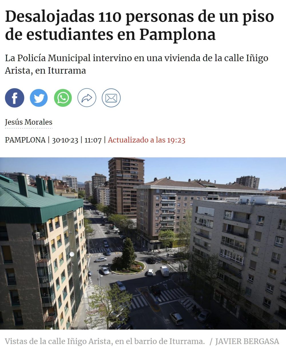 Desalojadas 110 personas de un piso de estudiantes en Pamplona. A más de una persona por metro cuadrado.