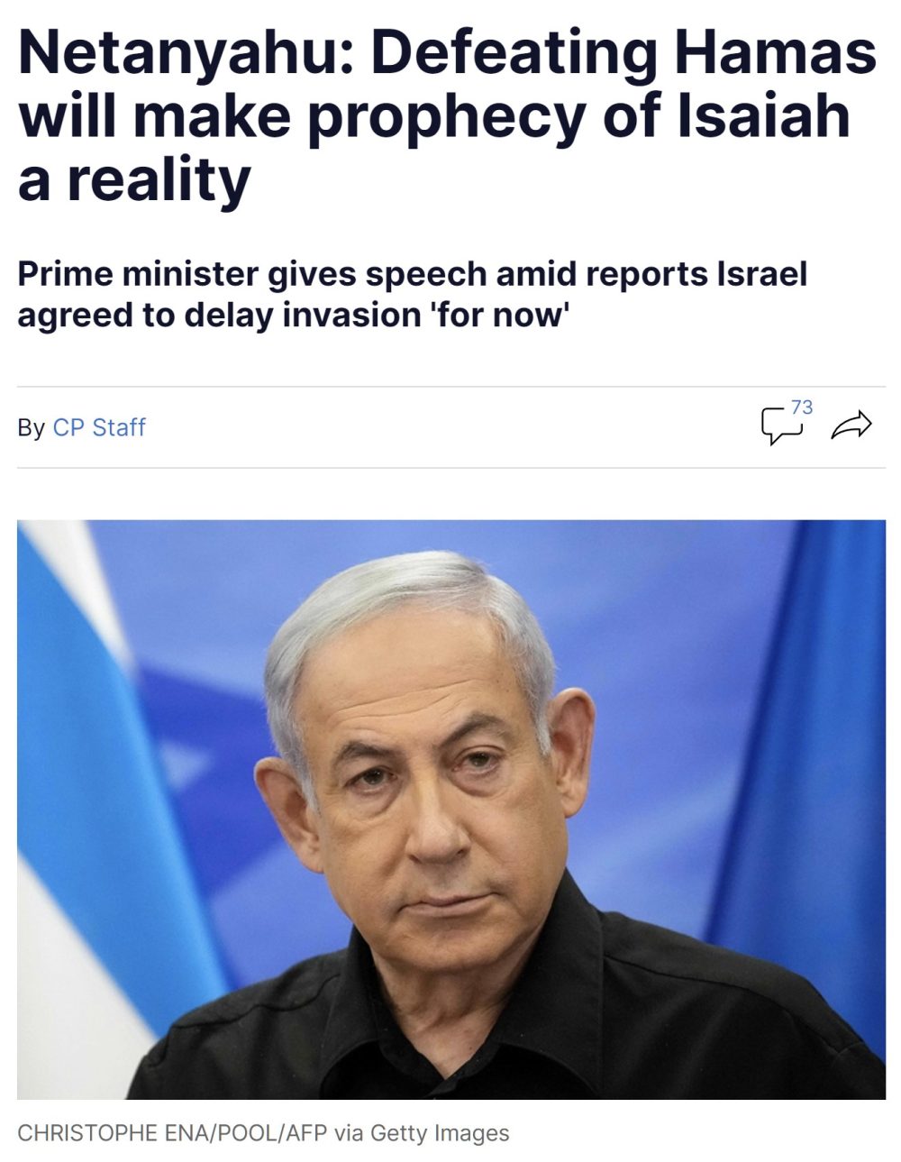 Netanyahu: "Derrotar a Hamás hará realidad la profecía de Isaías"