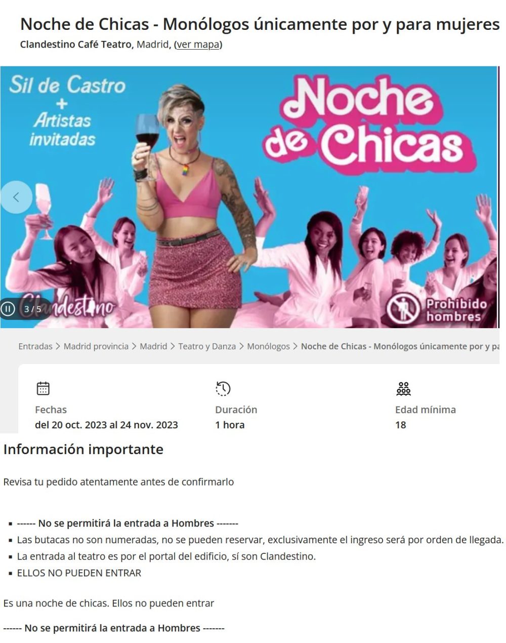 La monologuista Sil de Castro actuará en el Café Teatro de Madrid a partir del 20 de Octubre en un espectáculo en el que no se permitirá la entrada a hombres.