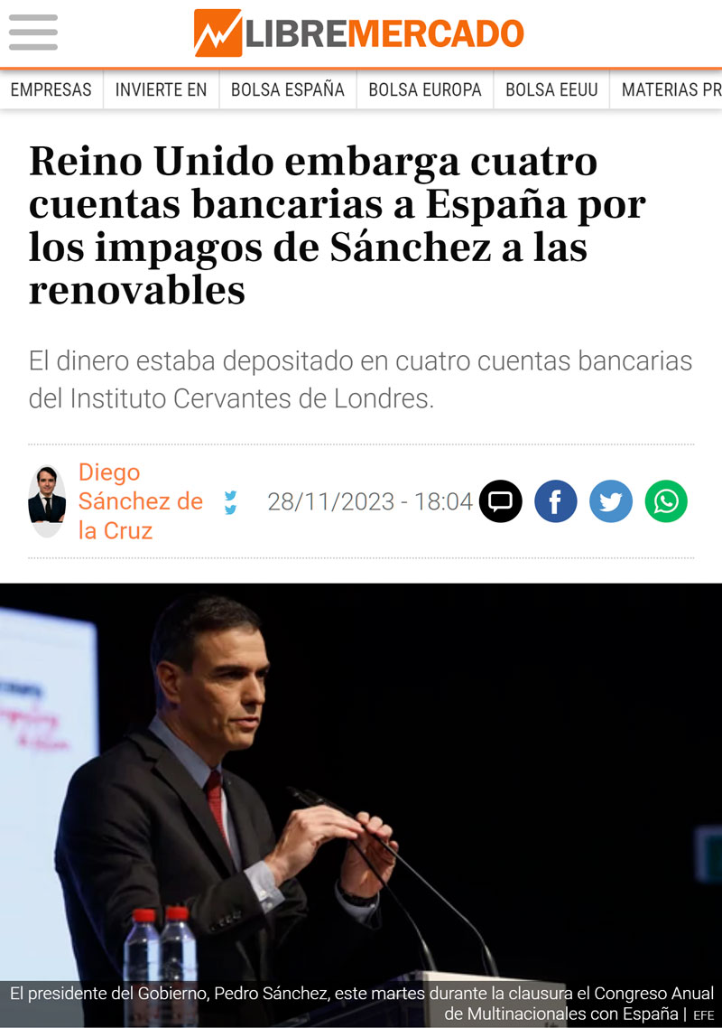 Reino Unido embarga 800.000 euros al gobierno español por impagos a las renovables
