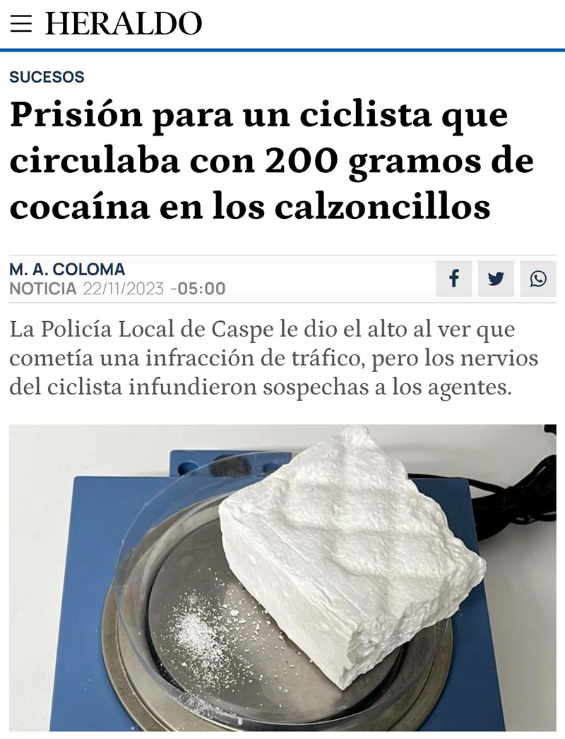 Detienen a un ciclista que llevaba 200 gramos de coca en los caIzoncillos