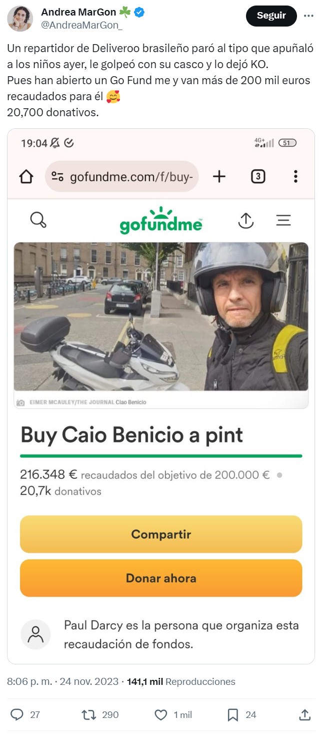 Crean un crowdfunding para premiar al repartidor que neutralizó al agresor de los niños irlandeses