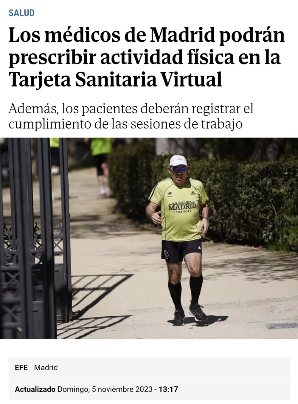 Los médicos de Madrid podrán prescribir "actividad física" en la tarjeta sanitaria virtual