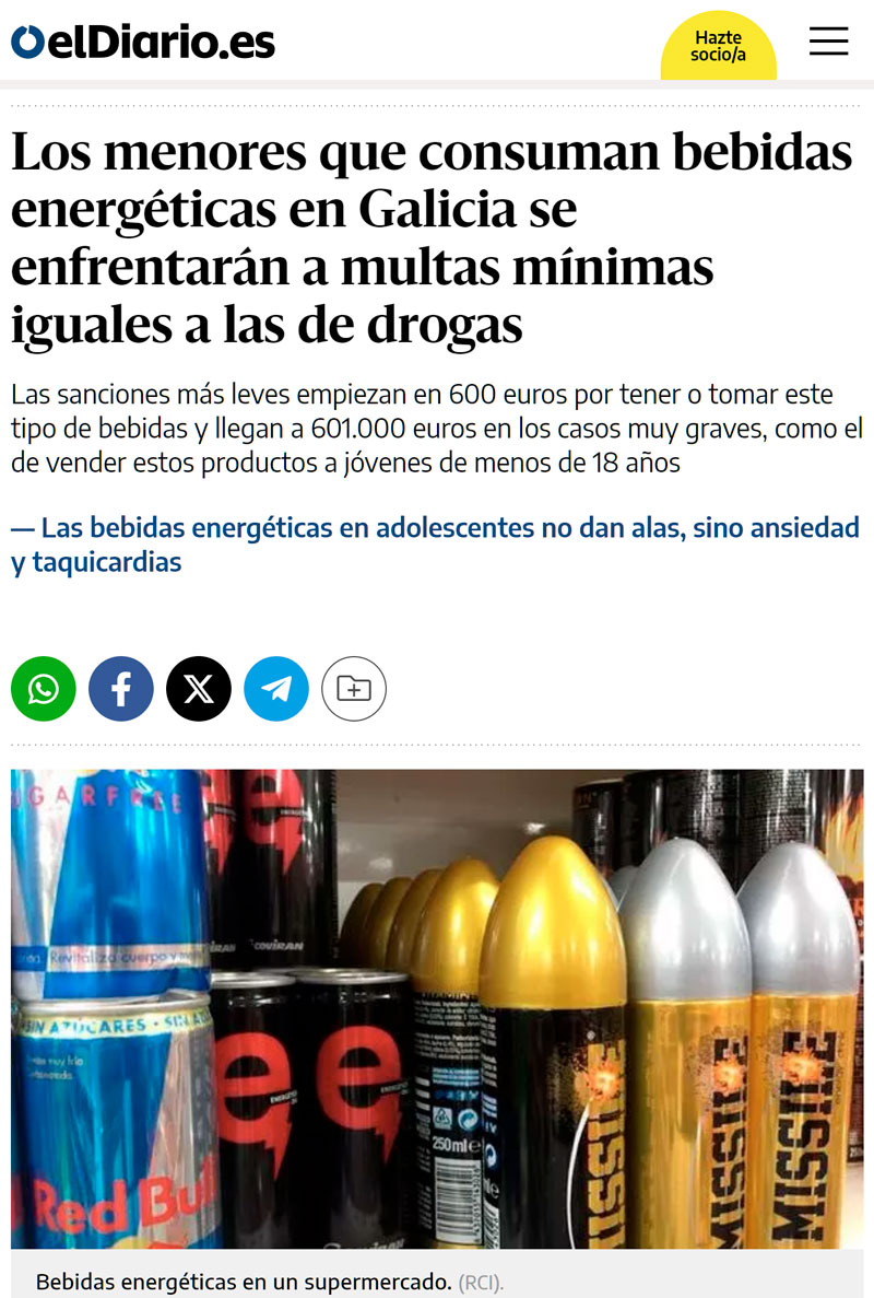 Los menores que consuman bebidas energéticas en Galicia se enfrentarán a multas mínimas iguales a las de drojas