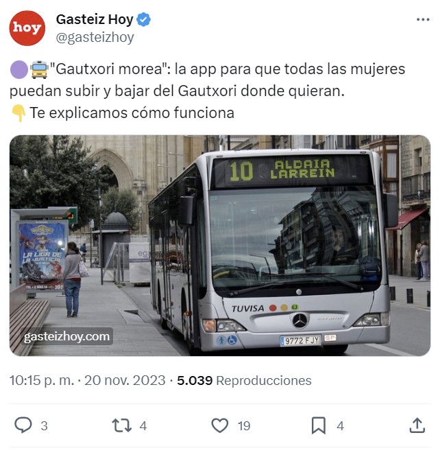 Vitoria estrena "Gautxori Morea" la app para que SOLO LAS MUJERES puedan subir y bajar del autobús nocturno donde quieran