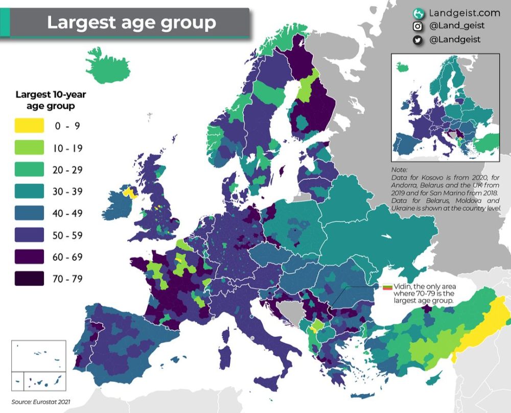 Grupo de edad más numeroso en cada zona de Europa