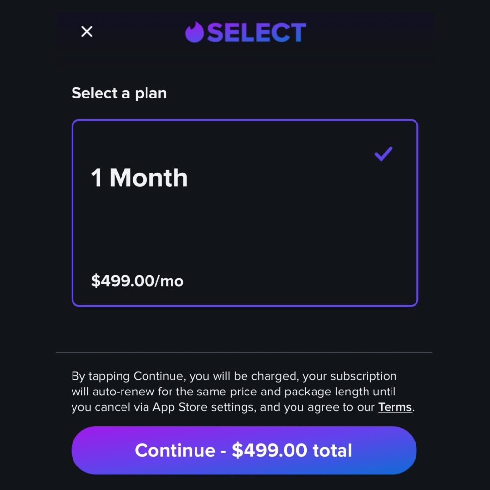 Tindr lanza un plan de suscripción de $499 al mes llamado "Select" para el 1% de sus usuarios que considera “extremadamente activos”.
