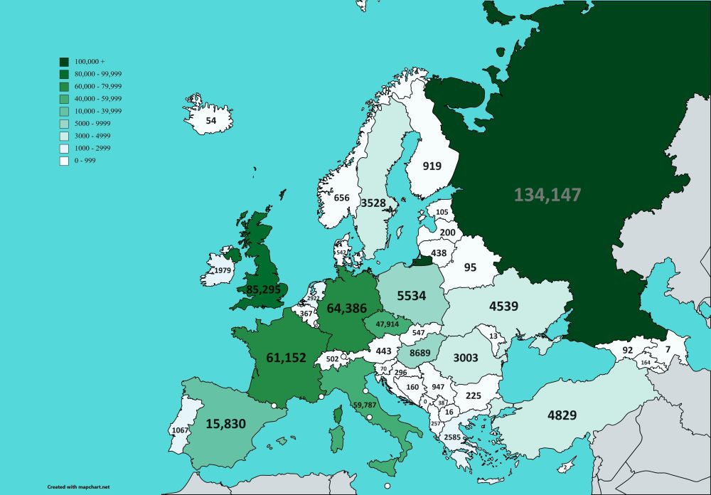Número de veces que se ha buscado en Pr0nHub cada nacionalidad de Europa