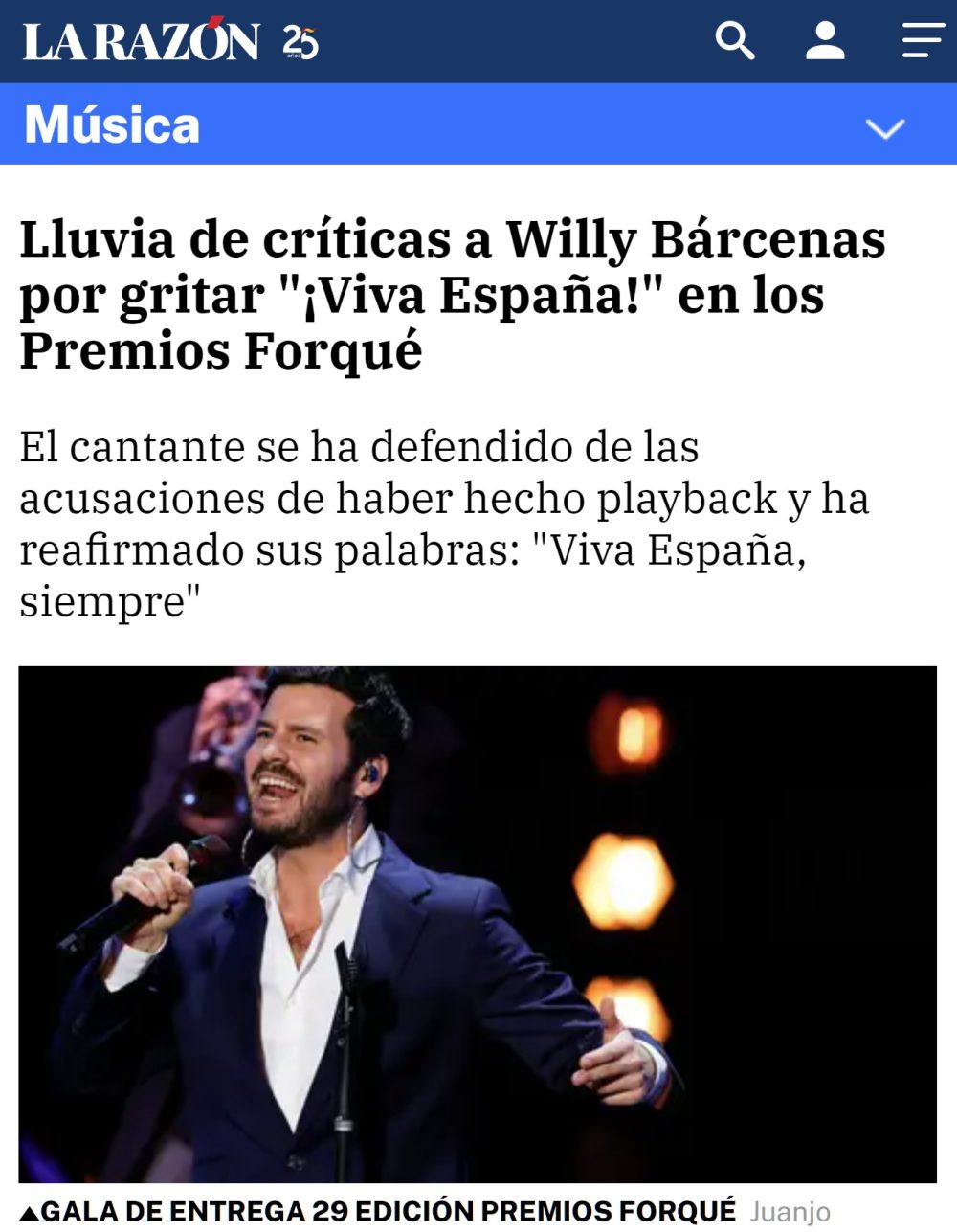 Willy Bárcenas, cantante de Taburete, termina su actuación en los Premios Forqué con un "¡Viva España!"