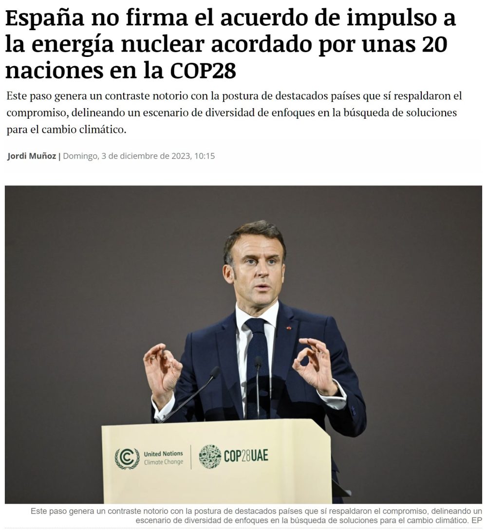 España se autoexcluye del acuerdo de impulso a la energía nuclear firmado por 23 naciones en la COP28.