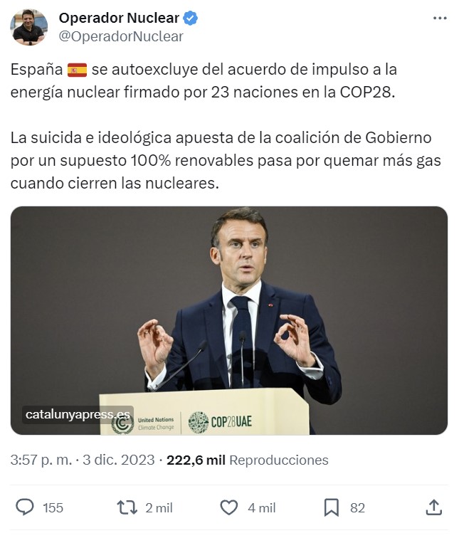 España se autoexcluye del acuerdo de impulso a la energía nuclear firmado por 23 naciones en la COP28.