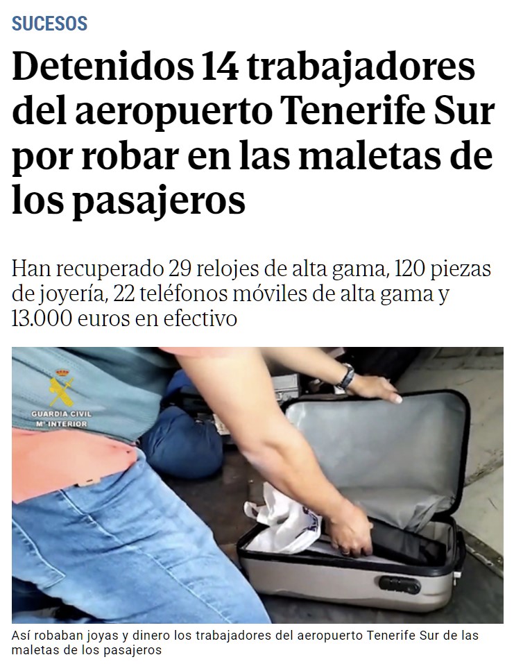 Pillados 14 Trabajadores Del Aeropuerto De Tenerife Robando Maletas En ...