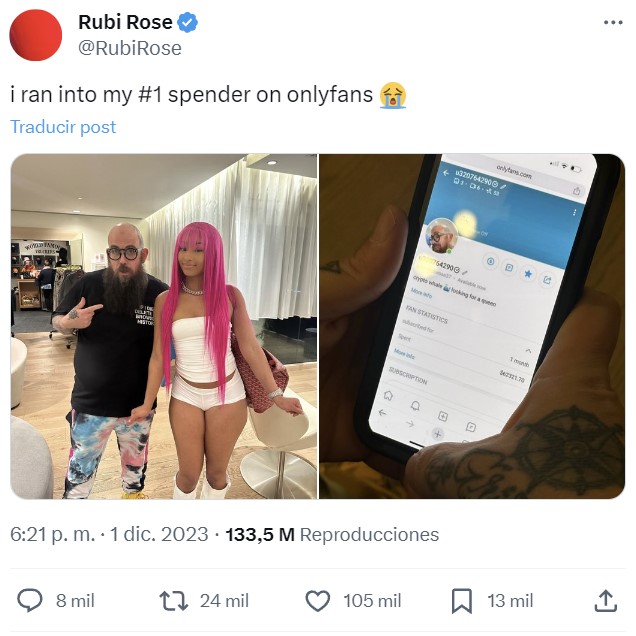 Rubi Rose filtró mensajes de su principal suscriptor de OnIyfans donde se ofrecía a pagar 400.000 dólares a cambio de que ella le contestara con una sola palabra.