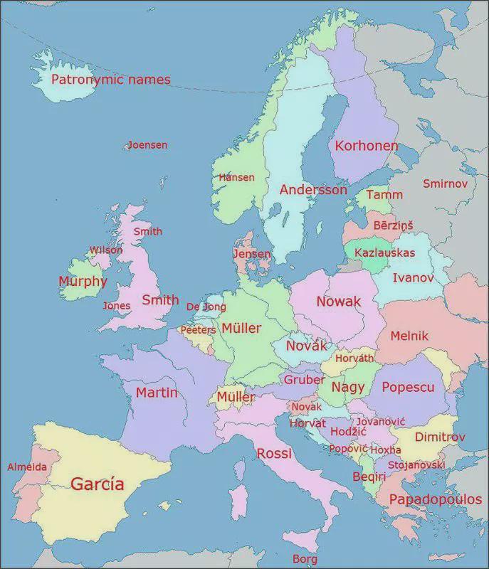 Apellido más común en cada país de Europa