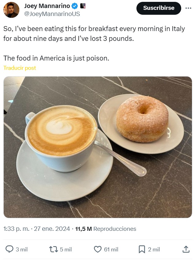 "He estado comiendo esto para desayunar todas las mañanas en Italia durante 9 días y he perdido kilo y medio. La comida en EEUU es simplemente veneno".