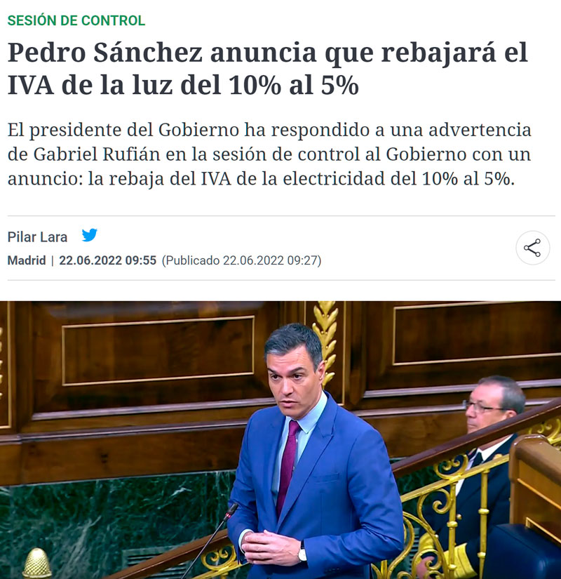 Pedro Sánchez saca pecho tras anunciar una espectacular rebaja en el IVA de la luz del 0%. Baja del 5% al 5%.