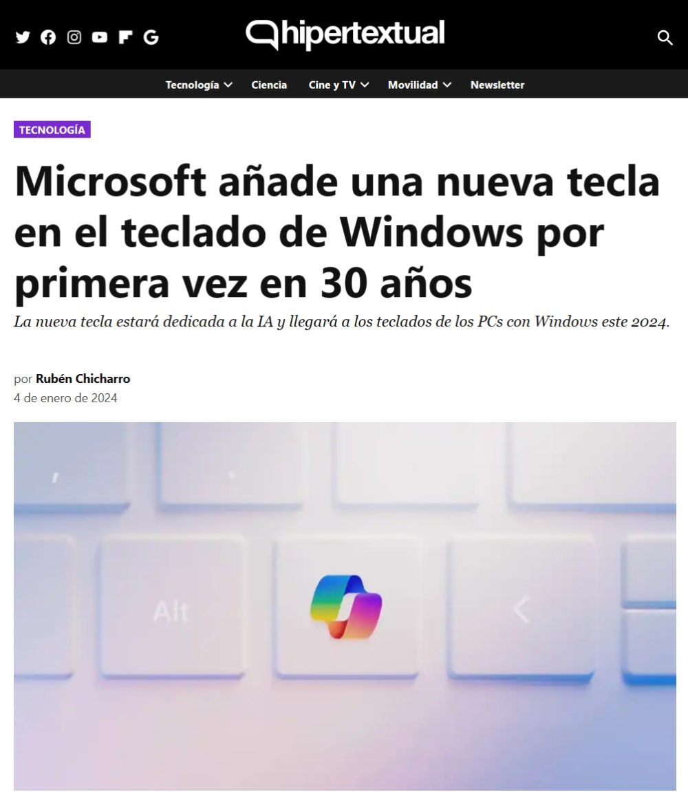 Microsoft añade una nueva tecla a los teclados después de 30 años