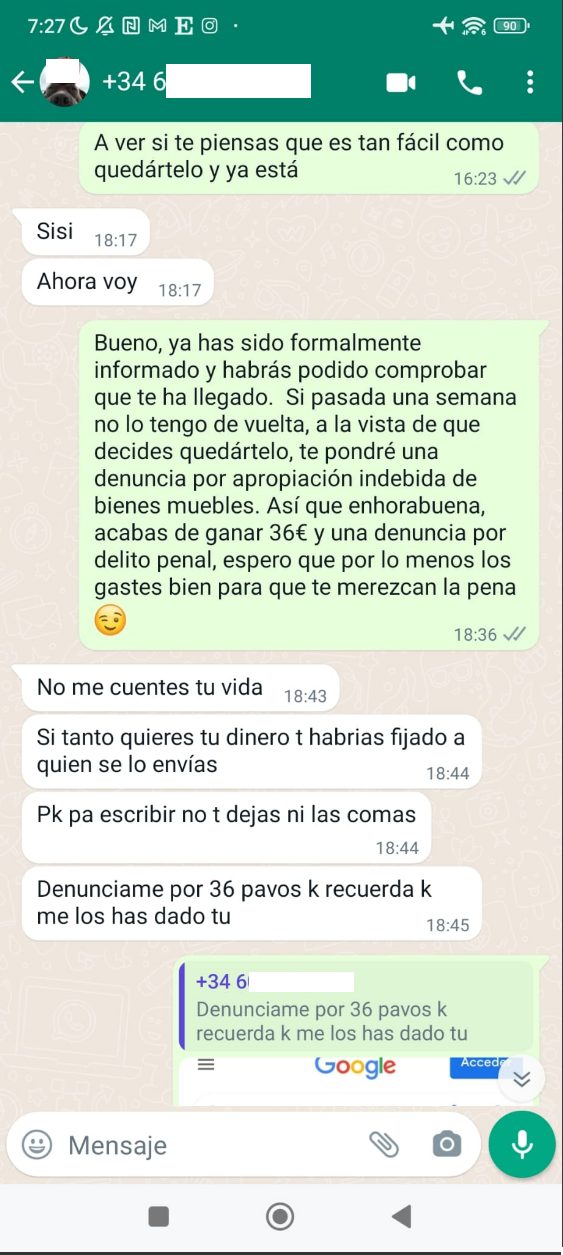 Recibe por error un Bizum y se niega a devolverlo
