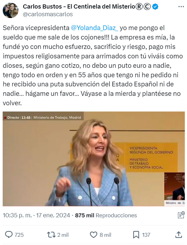 Un empresario responde a Yolanda Díaz tras afirmar que los altos cargos de empresas privadas cobran demasiado.