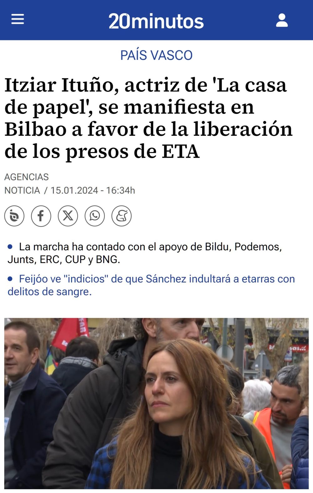 El concesionario 'BMW Lurauto' cesa a Itziar Ituño, la actriz que encabezó la marcha de Bilbao por la liberación de los presos de la banda terrorista ETA, después del boicot en redes sociales contra BMW.