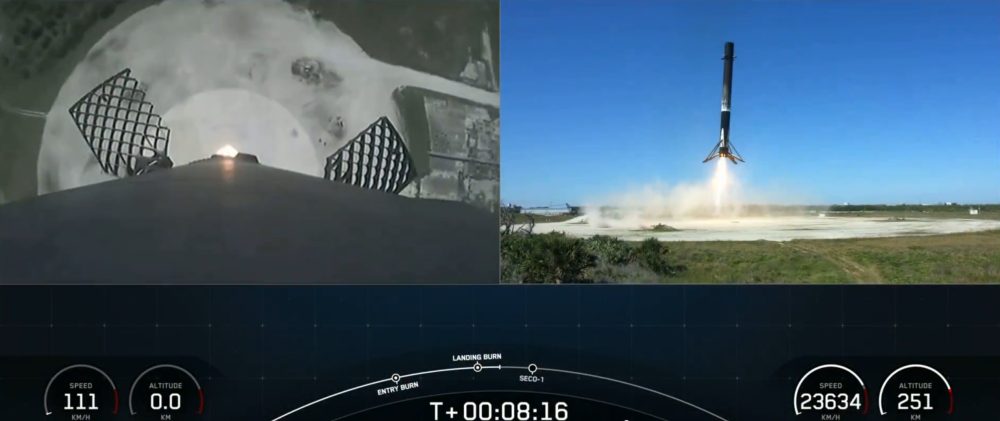 La primera etapa del Falcon 9 regresó a la Tierra y aterrizó en la Zona de Aterrizaje 1, completando el décimo lanzamiento+aterrizaje del año