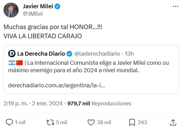 La Internacional Comunista elige a Javier Milei como su máximo enemigo para el año 2024 a nivel mundial