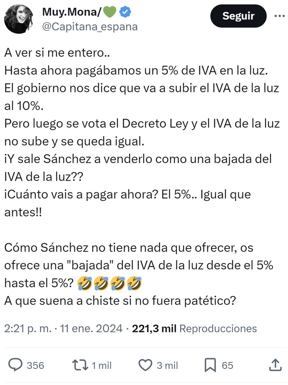 Pedro Sánchez saca pecho tras anunciar una espectacular rebaja en el IVA de la luz del 0%. Baja del 5% al 5%.