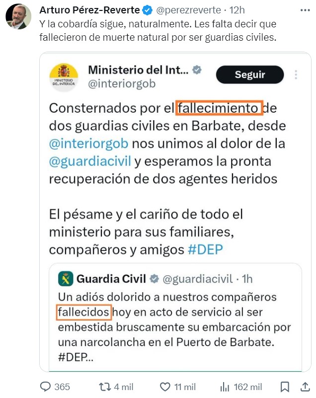 Pérez-Reverte reacciona al hоmicidio de 2 guardias civiles en Barbate