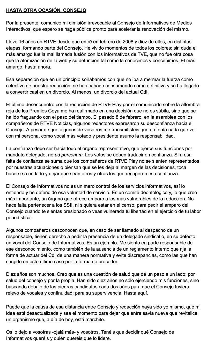 Dimite el presidente del consejo de RTVE que arremetió contra Inés Hernand por la cobertura de los Goya