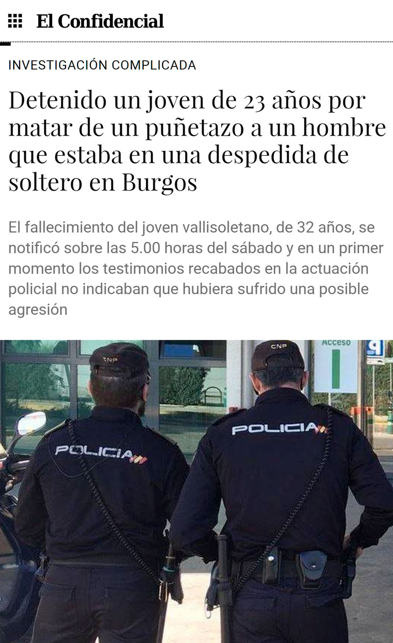 Un burgalés de 23 años se carga a un vallisoletano de 32 de un puñеtazo "por ser de Valladolid"