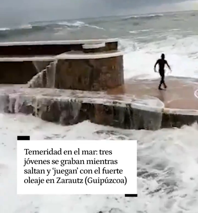 Gente con poco aprecio por su vida desafiando al mar en Zarautz